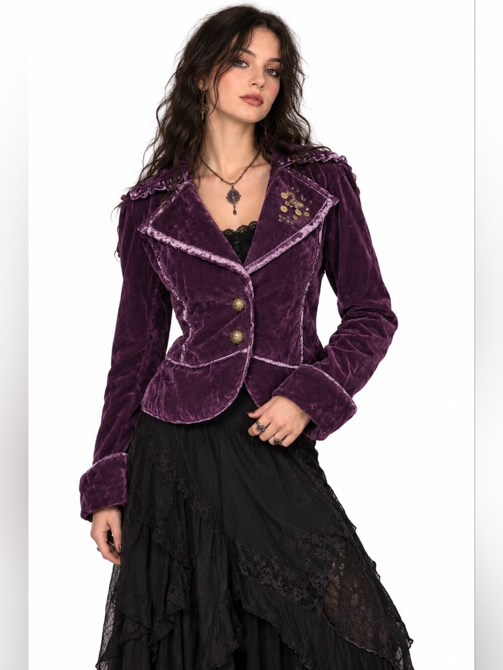 Vintage Y2K Whimsigoth Purple Velvet Blazer Ornate Embellished Gothic Large
